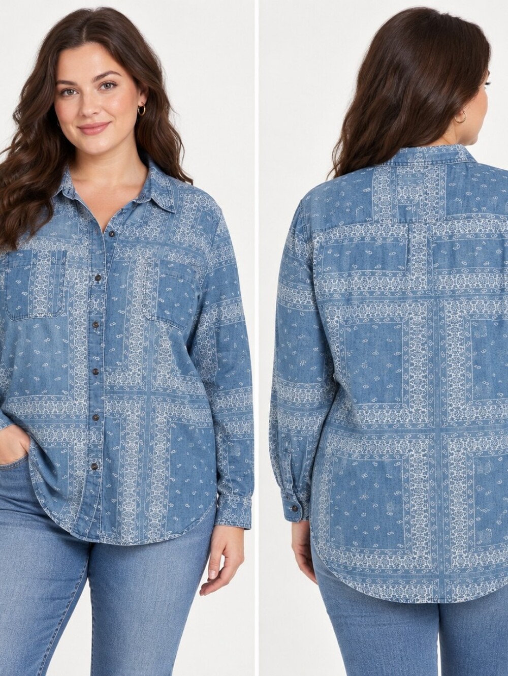 Mossimo Supply Co. Denim Chambray Button Front Shirt Blue Bandana Wmn's Size XXL